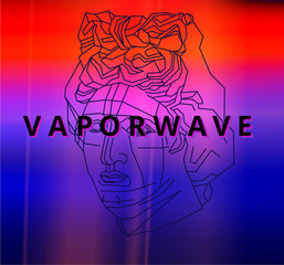 Blue and red spectrum background with characters, vaporwave style.