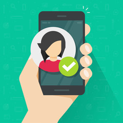 Poster - Identity proof via mobile phone vector illustration, flat verified person id on smartphone, cellphone with character face and checkmark, digital identification or authentication access