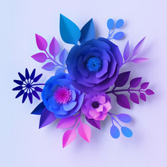 3d render, blue violet neon paper flowers, floral bouquet isolated on white background, botanical wall decor, decorative design