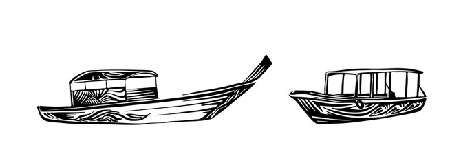 Wall Mural - Traditional asian wooden boats. Hand drawn outline sketch. Vector black ink drawing isolated on white background. Graphic illustration