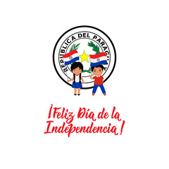 Paraguay Independence day greeting card. text in Spanish: Happy Independence day. May 14th and 15th. kids logo