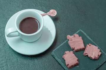 Italian breacfast espresso and chocolate on the slate platter