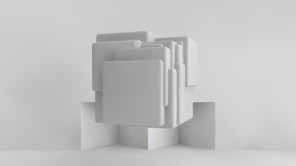 Poster - 3D illustration of white cubes of different sizes in the room. Cubes hang in the air, randomly distributed in space, casting shadows. Geometrical abstraction. 3D rendering