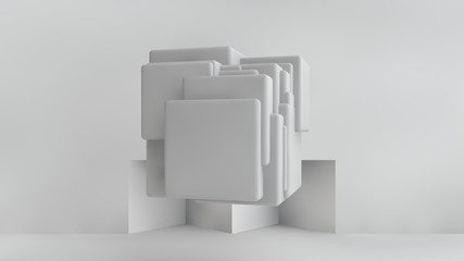 Poster - 3D illustration of white cubes of different sizes in the room. Cubes hang in the air, randomly distributed in space, casting shadows. Geometrical abstraction. 3D rendering