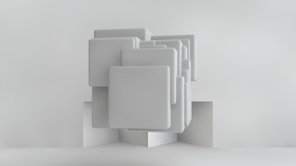 Poster - 3D illustration of white cubes of different sizes in the room. Cubes hang in the air, randomly distributed in space, casting shadows. Geometrical abstraction. 3D rendering