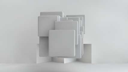 Poster - 3D illustration of white cubes of different sizes in the room. Cubes hang in the air, randomly distributed in space, casting shadows. Geometrical abstraction. 3D rendering