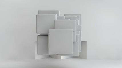 Poster - 3D illustration of white cubes of different sizes in the room. Cubes hang in the air, randomly distributed in space, casting shadows. Geometrical abstraction. 3D rendering