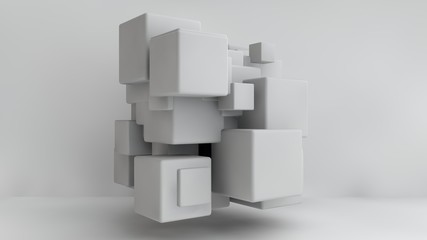 Poster - 3D illustration of white cubes of different sizes in the room. Cubes hang in the air, randomly distributed in space, casting shadows. Geometrical abstraction. 3D rendering
