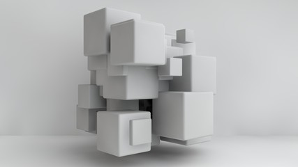 Poster - 3D illustration of white cubes of different sizes in the room. Cubes hang in the air, randomly distributed in space, casting shadows. Geometrical abstraction. 3D rendering