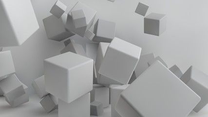 Poster - 3D illustration of white cubes of different sizes in the room. Cubes hang in the air, randomly distributed and warped in space, casting shadows. Geometrical abstraction. 3D rendering