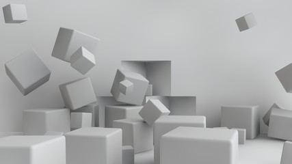 Poster - 3D illustration of cubes of different size scattered randomly around the room. Cubes are chaotic in space, piling up and messing up. 3D rendering of a set of geometric shapes.