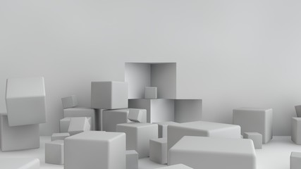 Poster - 3D illustration of cubes of different size scattered randomly around the room. Cubes are chaotic in space, piling up and messing up. 3D rendering of a set of geometric shapes.
