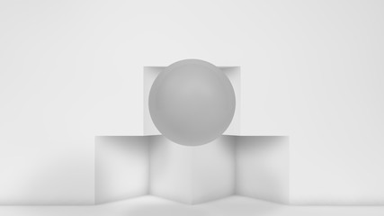 Poster - 3D illustration of a gray sphere. One hangs in a white room with cubic niches, shelves. 3D rendering