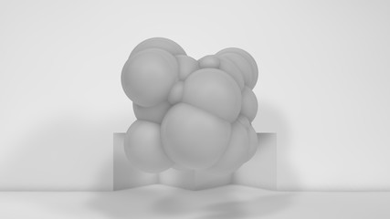 Poster - 3D illustration of many white spheres of different sizes flying in the space of the room. The idea of disorder and chaos. A cloud of geometric elements. 3D rendering