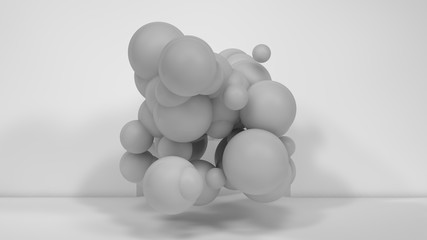 Poster - 3D illustration of many white spheres of different sizes flying in the space of the room. The idea of disorder and chaos. A cloud of geometric elements. 3D rendering