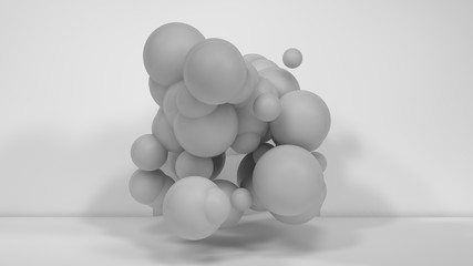 Poster - 3D illustration of many white spheres of different sizes flying in the space of the room. The idea of disorder and chaos. A cloud of geometric elements. 3D rendering