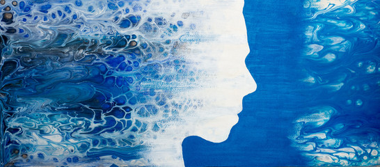 Abstract painting with liquid acrylic. Profile of the girl from the sea foam.