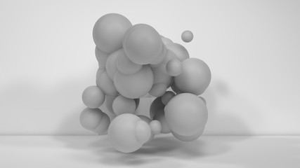 Poster - 3D illustration of many white spheres of different sizes flying in the space of the room. The idea of disorder and chaos. A cloud of geometric elements. 3D rendering