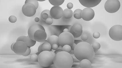 Poster - 3D illustration of many white spheres of different sizes flying in the space of the room. The idea of disorder and chaos. A cloud of geometric elements. 3D rendering