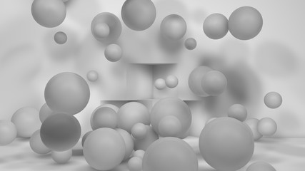 Poster - 3D illustration of many white spheres of different sizes flying in the space of the room. The idea of disorder and chaos. A cloud of geometric elements. 3D rendering