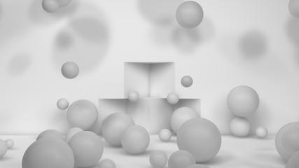 Poster - 3D illustration of many white spheres of different sizes flying in the space of the room, scattered on . The idea of disorder and chaos. A cloud of geometric elements. 3D rendering