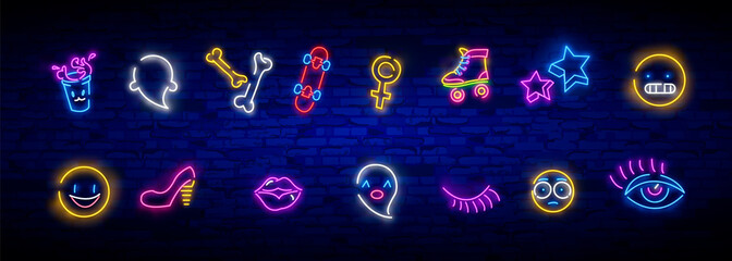 Wall Mural - Neon icons set in 80s-90s pop art comic style. Patch badges and pins with cartoon characters, food and things. Vector crazy neon doodles pop art
