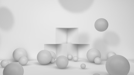 Poster - 3D illustration of many white spheres of different sizes flying in the space of the room, scattered on . The idea of disorder and chaos. A cloud of geometric elements. 3D rendering