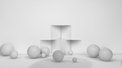 Poster - 3D illustration of many white spheres of different sizes flying in the space of the room, scattered on . The idea of disorder and chaos. A cloud of geometric elements. 3D rendering