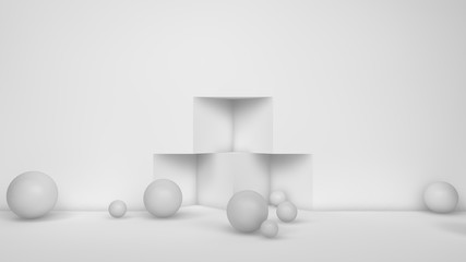 Poster - 3D illustration of many white spheres of different sizes flying in the space of the room, scattered on . The idea of disorder and chaos. A cloud of geometric elements. 3D rendering
