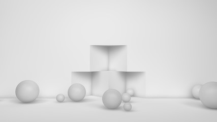 Poster - 3D illustration of many white spheres of different sizes flying in the space of the room, scattered on . The idea of disorder and chaos. A cloud of geometric elements. 3D rendering