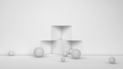 Poster - 3D illustration of many white spheres of different sizes flying in the space of the room, scattered on . The idea of disorder and chaos. A cloud of geometric elements. 3D rendering