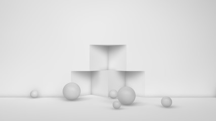 Poster - 3D illustration of many white spheres of different sizes flying in the space of the room, scattered on . The idea of disorder and chaos. A cloud of geometric elements. 3D rendering