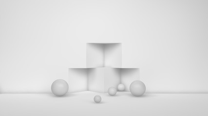 Poster - 3D illustration of many white spheres of different sizes flying in the space of the room, scattered on . The idea of disorder and chaos. A cloud of geometric elements. 3D rendering