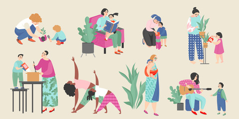 Wall Mural - Set of vector illustrations on the theme of motherhood with cute moms and their children doing everyday activities.