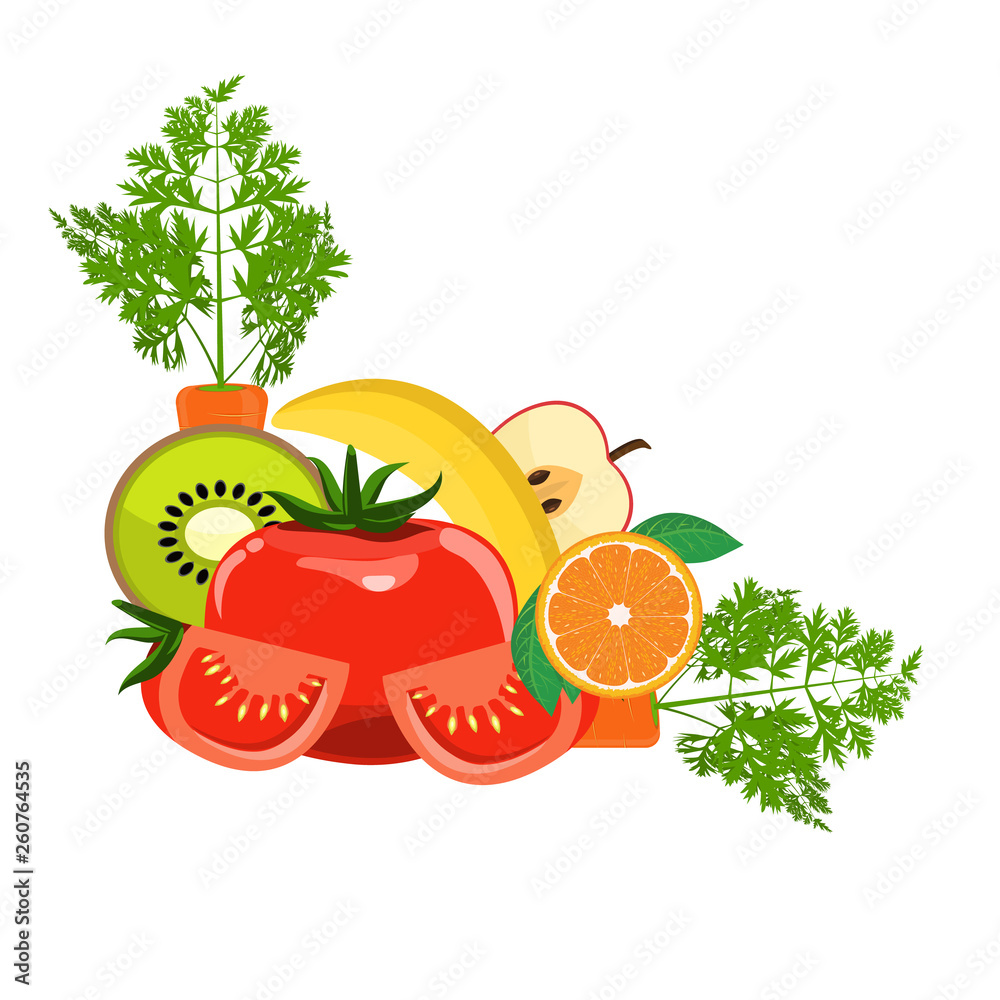 Group of Organic Fresh Vegetables and Fruits for Healthy Food concept.  Corner border for your design. Vector illustration. Stock Vector | Adobe  Stock, image size:1000x1000