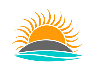 Wall Mural - Sun setting over island and sea wave icon logo.