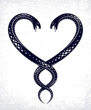 Two Snakes In A Shape Of Heart, Love Is Cruel Concept, Lovers Couple Arguing, Quarrels In Relations, Vector Logo Emblem Or Tattoo In Vintage Classic Style.