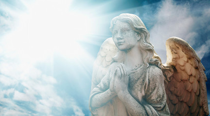 Fototapete - Antique statue of wonderful angel in the rays of light.