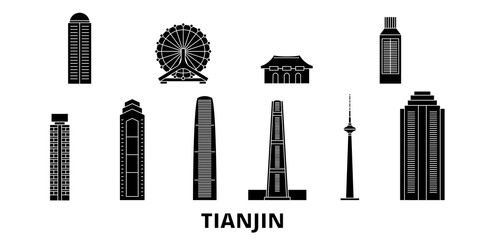 Canvas Print - China, Tianjin flat travel skyline set. China, Tianjin black city vector panorama, illustration, travel sights, landmarks, streets.