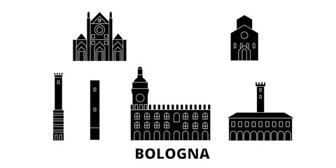 Wall Mural - Italy, Bologna flat travel skyline set. Italy, Bologna black city vector panorama, illustration, travel sights, landmarks, streets.