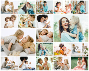 Collage about young mother and her little daughter. Happy family time on weekend. Mother's Day concept. Love, lifestyle, motherhood and tender moments concepts.