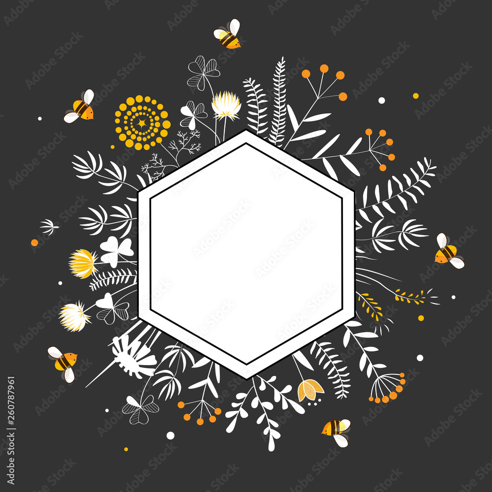 Stylish Hexagon Frame with cute honey flowers and bees. Premium quality ...
