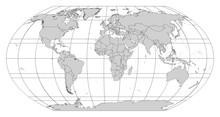 Grey Contour World Map In Robinson Projection With Meridians And Parallels Grid. All Countries And Islands. Vector Illustration