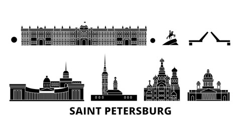 Wall Mural - Russia, Saint Petersburg flat travel skyline set. Russia, Saint Petersburg black city vector panorama, illustration, travel sights, landmarks, streets.