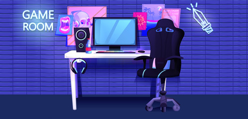 ESports interior banner. Workplace cyber sportsman gamer. A desk with a computer and headphones and a mouse with light and a gamers chair. Vector cartoon illustration 