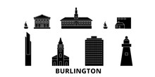 United States, Burlington Flat Travel Skyline Set. United States, Burlington Black City Vector Panorama, Illustration, Travel Sights, Landmarks, Streets.