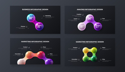 Amazing 2, 3, 4 step marketing analytics presentation vector illustration template bundle. Business data visualization design collection layout. Colorful 3D balls corporate statistics infographic set.