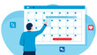 A man makes an appointment with an online doctor. On the calendar selects the desired date. calendar. work schedule, make an appointment online. Vector illustration for banner, landing page, app