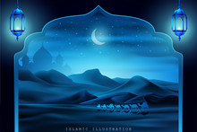Arabian Land By Riding On Camels At Night Accompanied By Sparkles Of Stars, Mosques For Illustrative Islamic Background