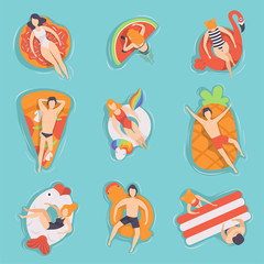 Sticker - People floating on air mattresses in swimming pool set, top view, men and women relaxing and sunbathing on inflatable rings of different shapes vector Illustrations